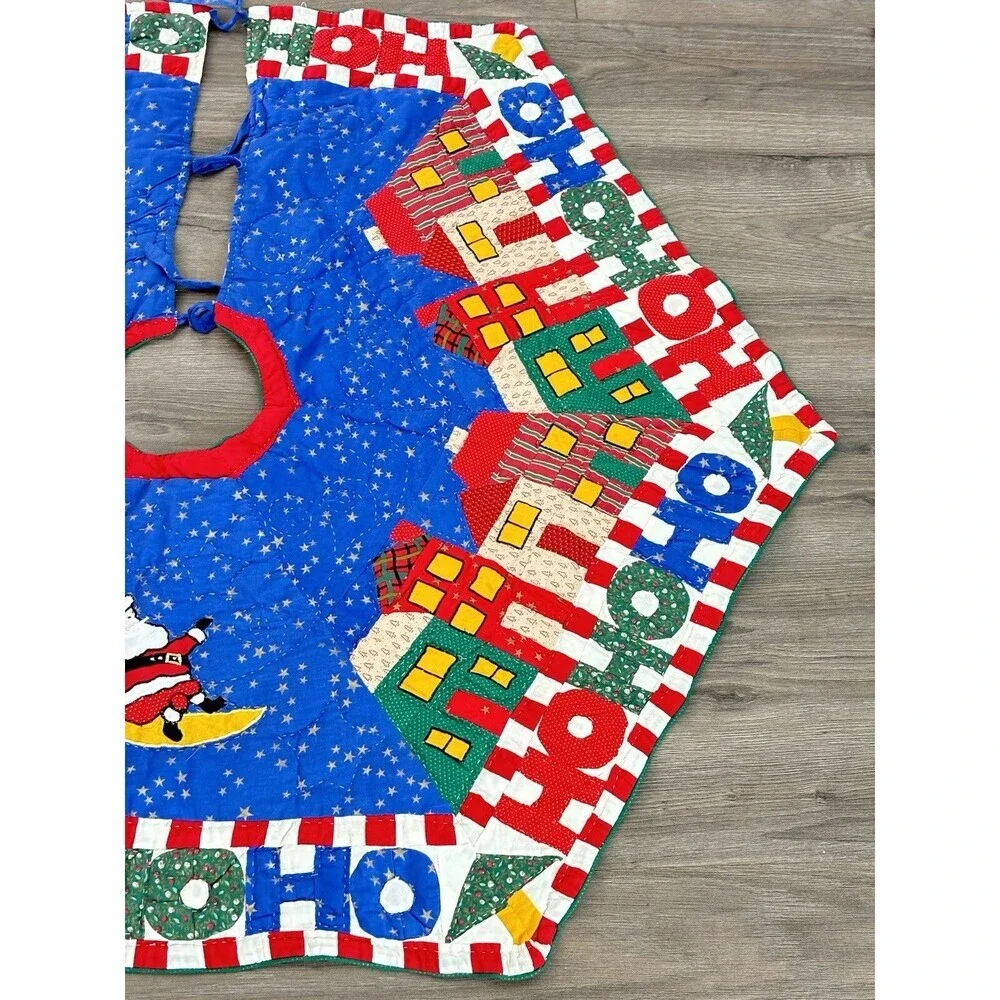 Vintage Patchwork HO HO HO Multicolor Christmas Tree Skirt Santa Holiday 40